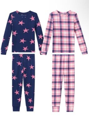 Two-Pack Kids Long-Sleeve Star & Plaid Pajama Set - Navy and Pink size 4T